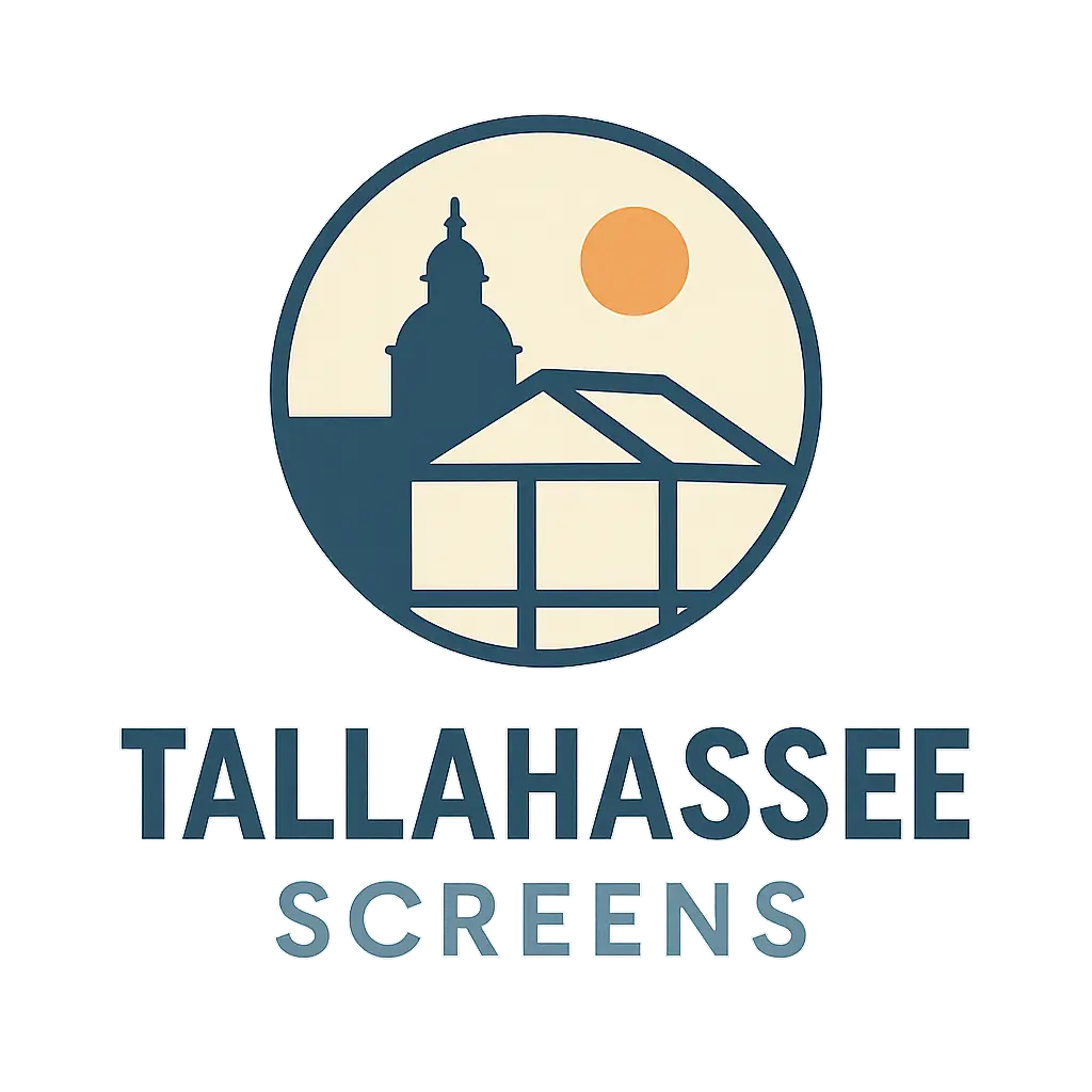 Tallahassee Screens logo featuring screened enclosure silhouette with dome landmark and sun icon.