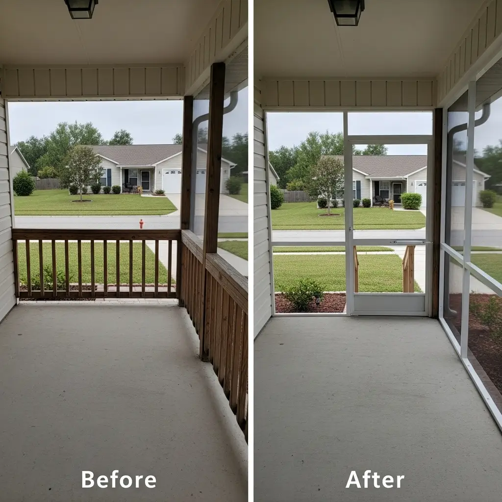 Before-and-after front porch screen repair showing open railing enclosed with new door and screened panels in Tallahassee, FL.