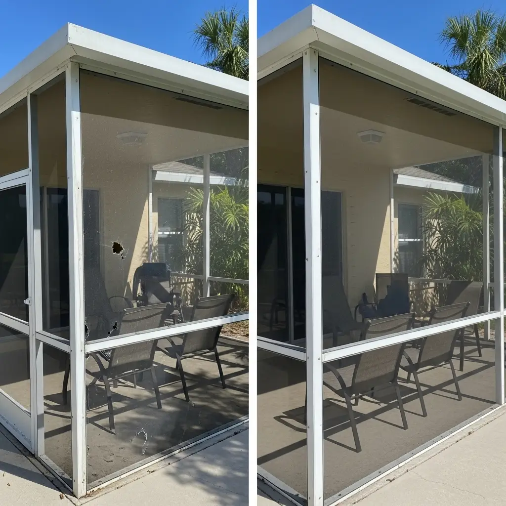 Before-and-after lanai screen repair showing torn mesh panels replaced with clean new screens in Tallahassee, FL.