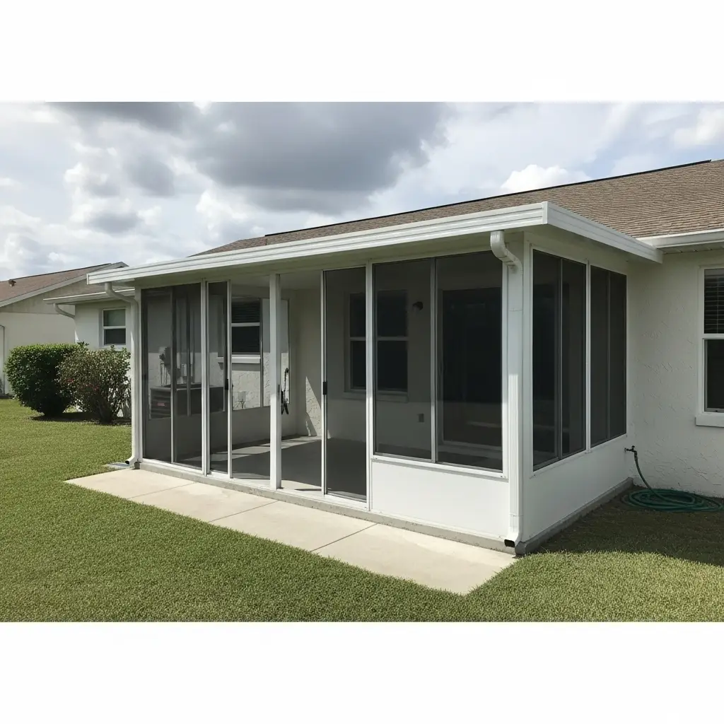 Lanai screen repair on residential patio enclosure with updated mesh panels in Tallahassee, FL.