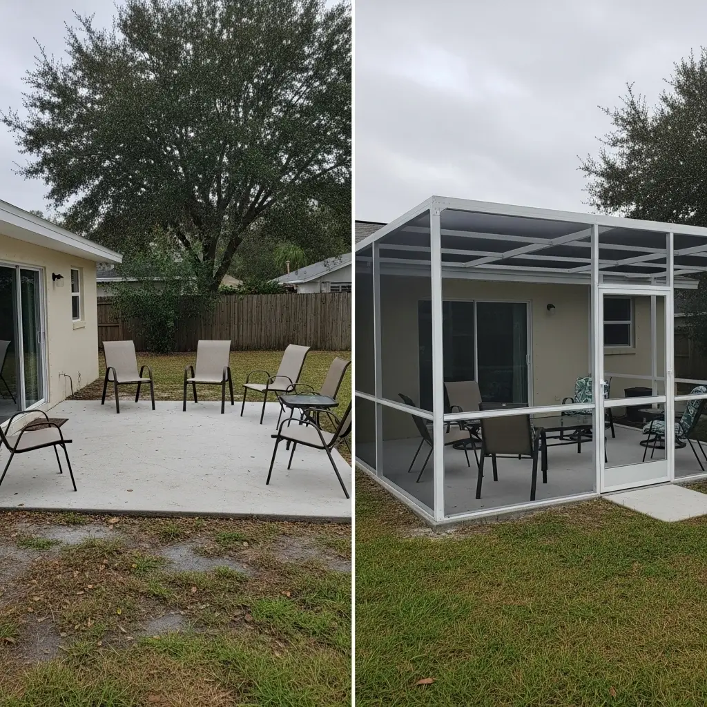 Before-and-after patio screen enclosure showing open concrete patio upgraded with new framed enclosure in Tallahassee, FL.