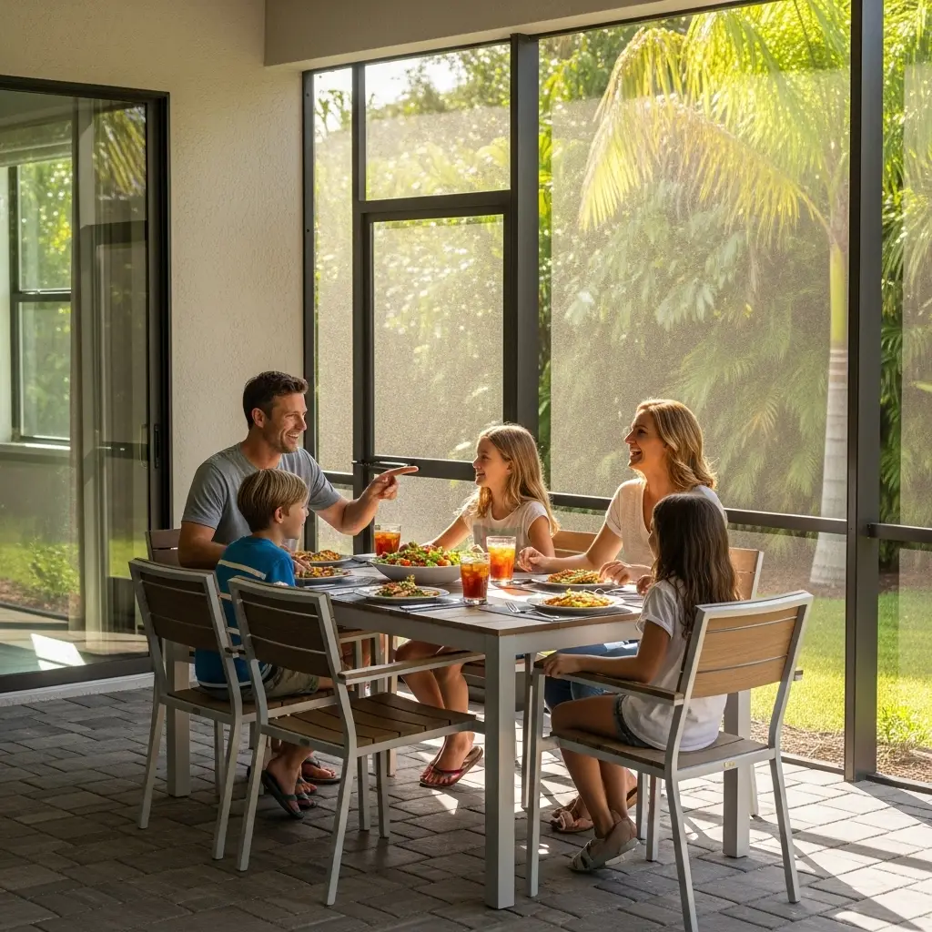 Family enjoying meal inside screened patio enclosure with large mesh windows in Tallahassee, FL.