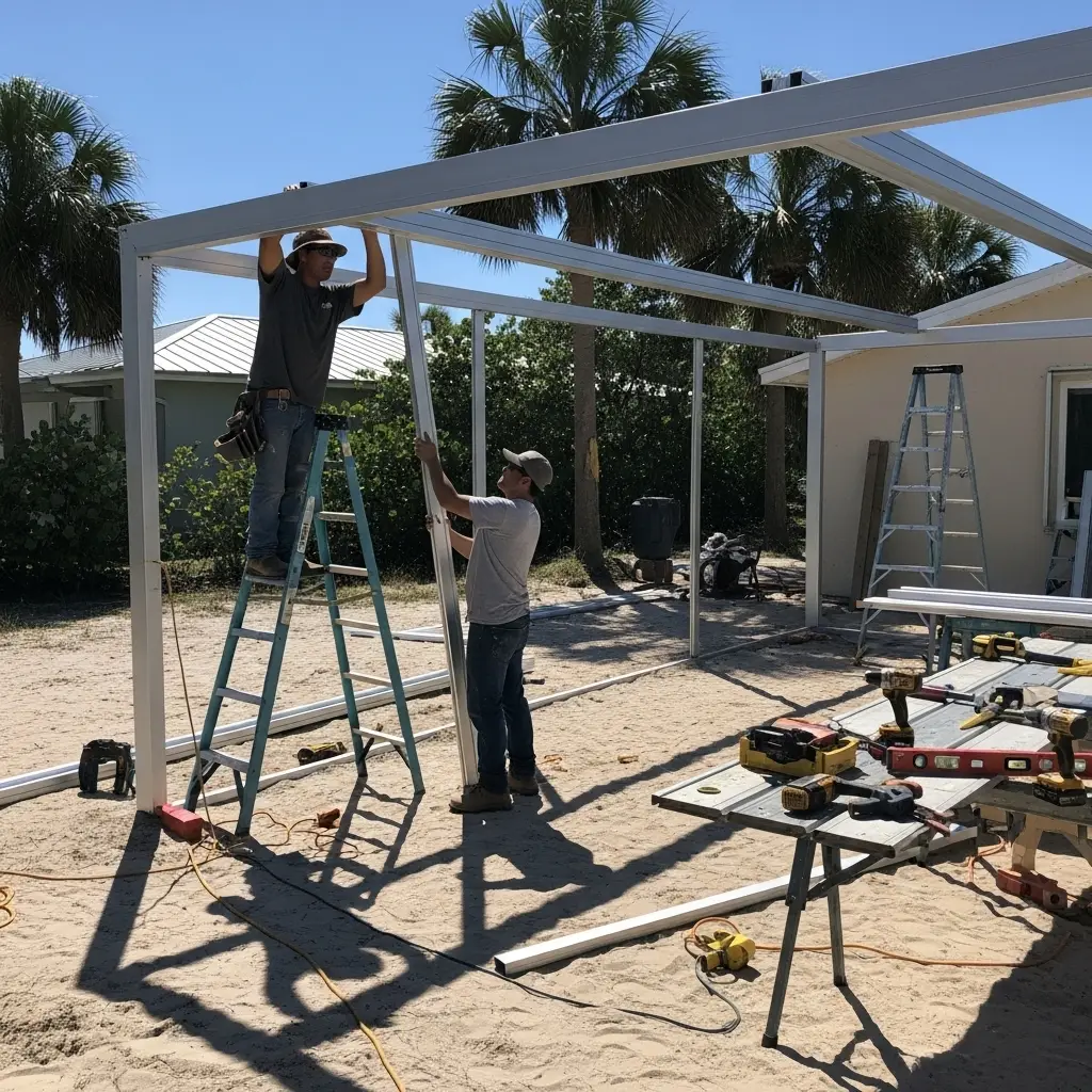 Patio screen installation with crew assembling new aluminum framing at a residential home in Tallahassee, FL.