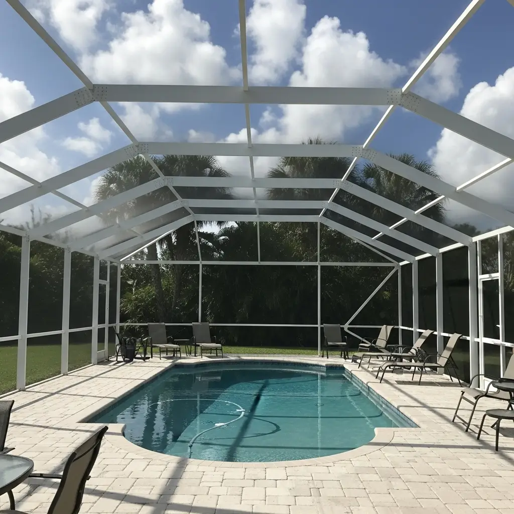 Pool cage installation with new white aluminum framing built around residential swimming pool in Tallahassee, FL.