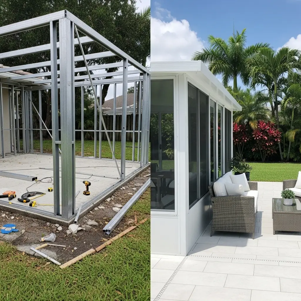 Before-and-after pool cage rescreening showing aluminum frame construction transformed into finished enclosure in Tallahassee, FL.