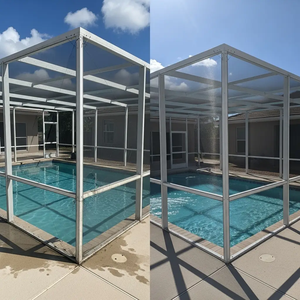 Before-and-after pool enclosure repair showing torn screens replaced with clear new panels in Tallahassee, FL.
