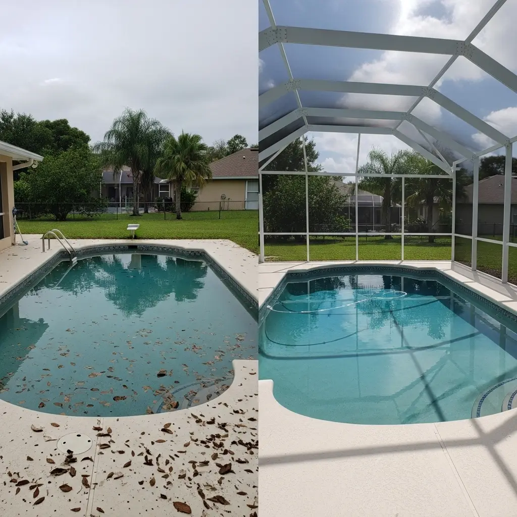 Before-and-after pool enclosure screens showing debris-filled pool cleaned and protected in Tallahassee, FL.