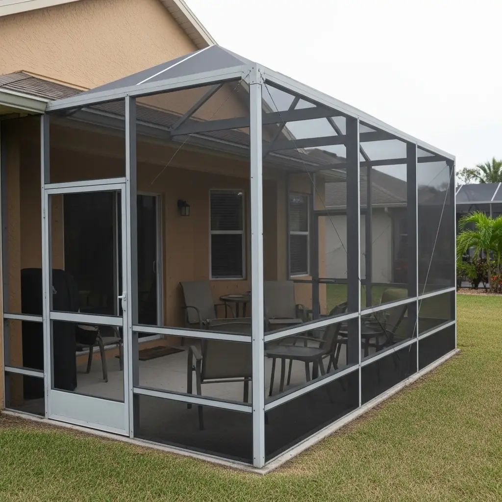 Residential pool screen enclosure with aluminum framing and outdoor seating area in Tallahassee, FL.