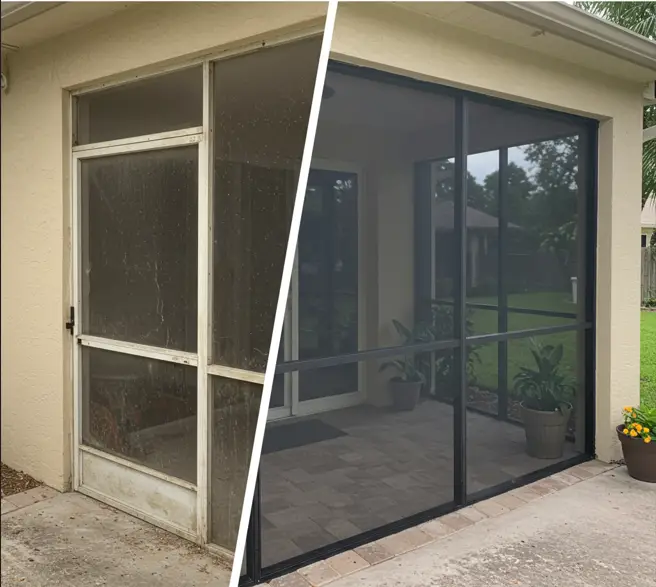 Before-and-after screen door repair showing old damaged frame replaced with new panels in Tallahassee, FL.