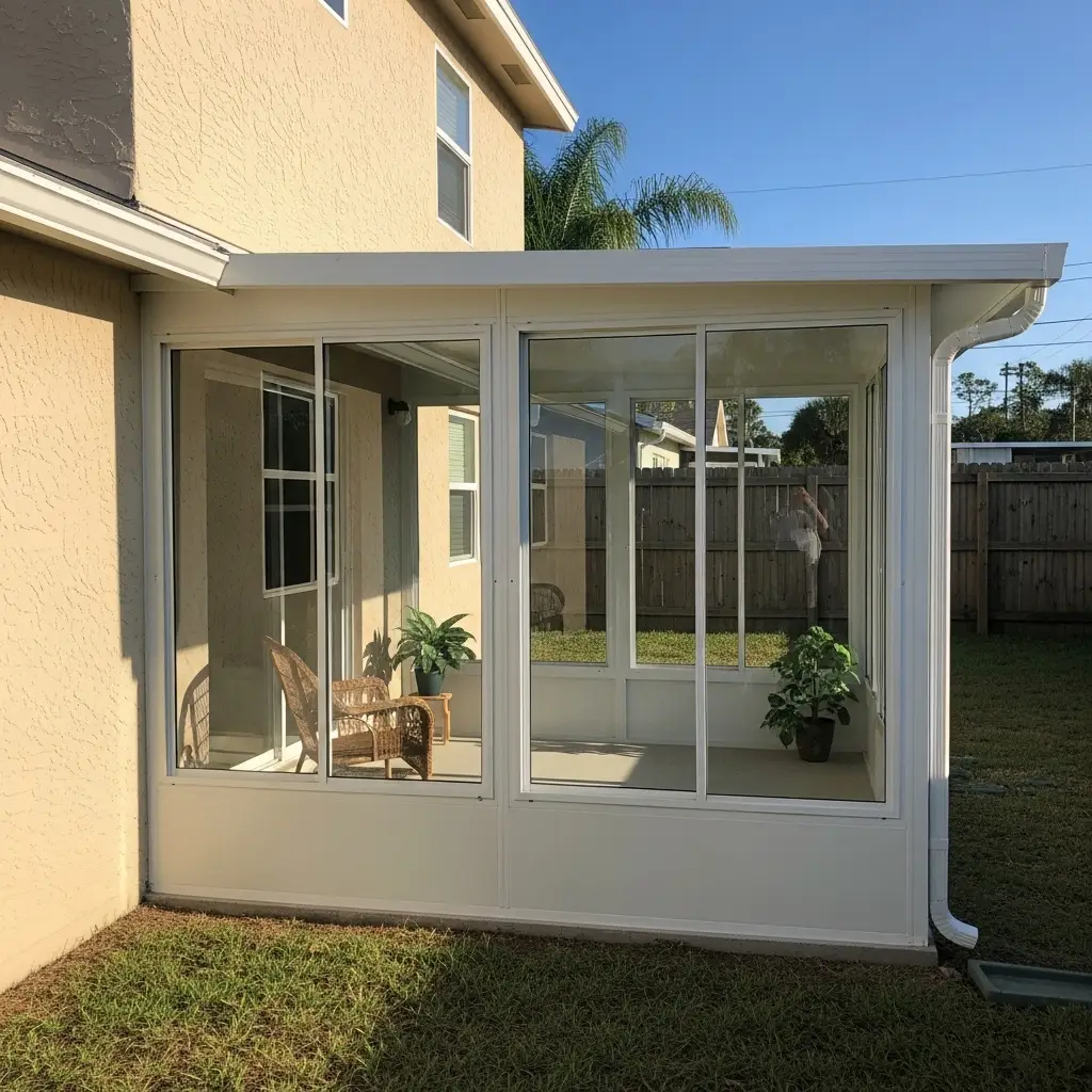 Newly installed residential sunroom enclosure with sliding windows and white framing in Tallahassee, FL