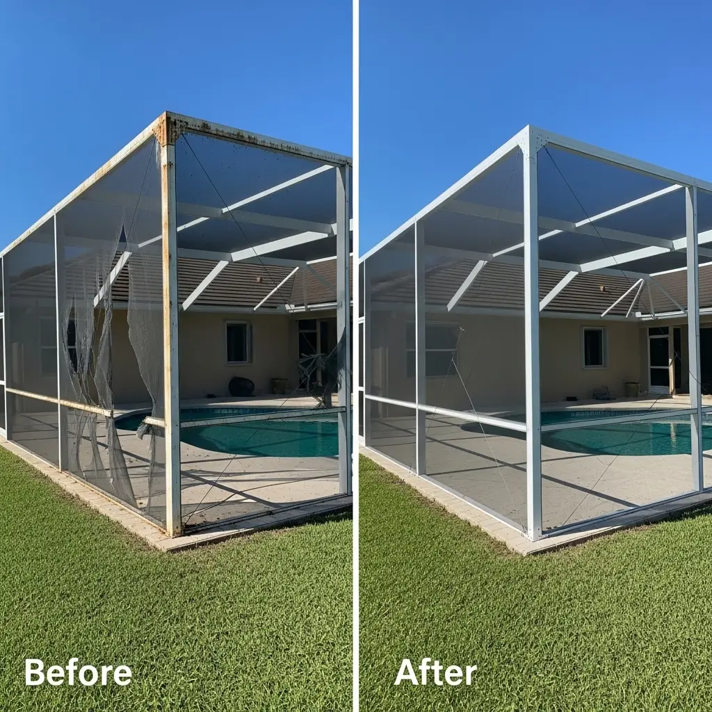 Before-and-after pool enclosure screen replacement showing restored aluminum frame in Tallahassee, FL.
