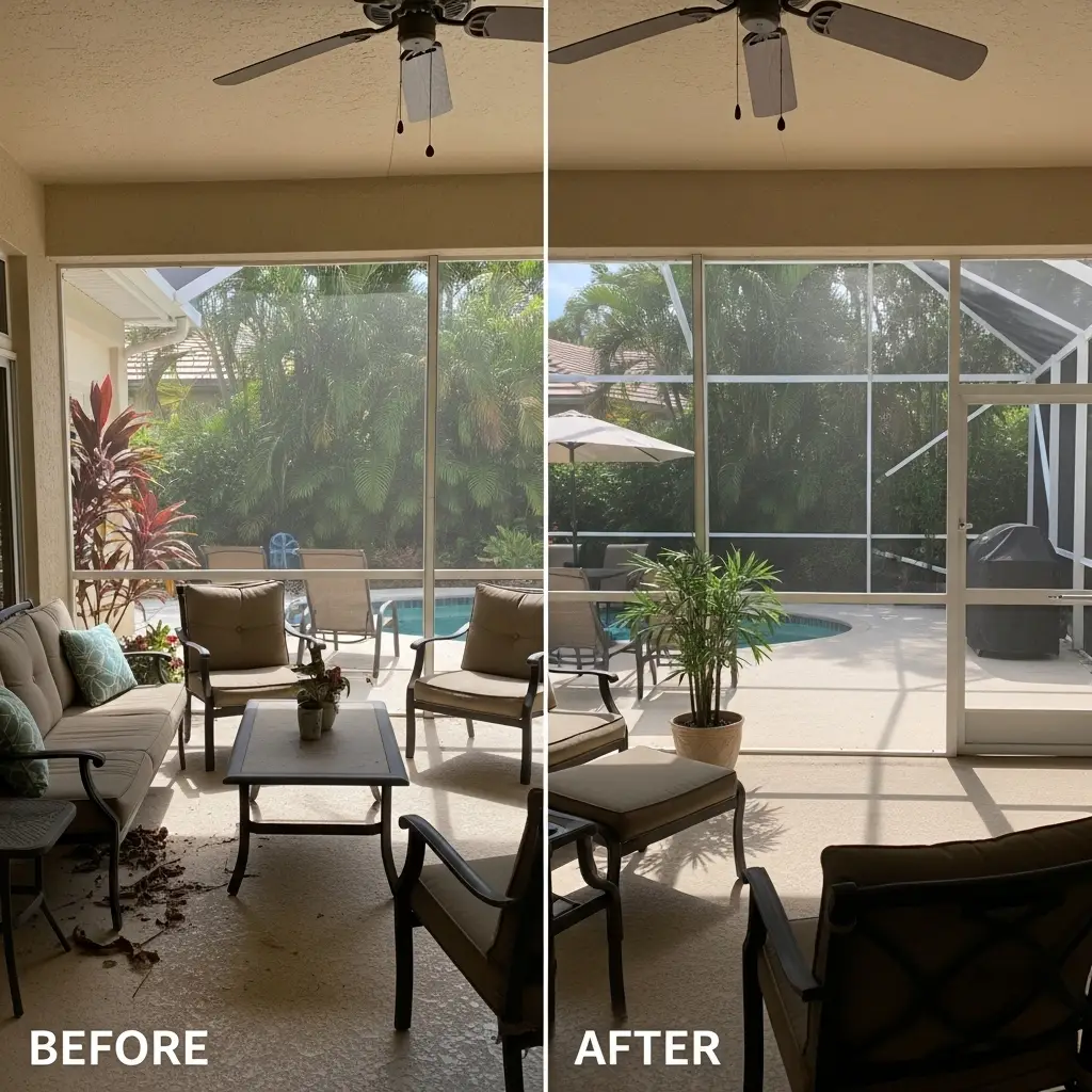 Before-and-after sunroom window repair showing clearer screened enclosure in Tallahassee, FL