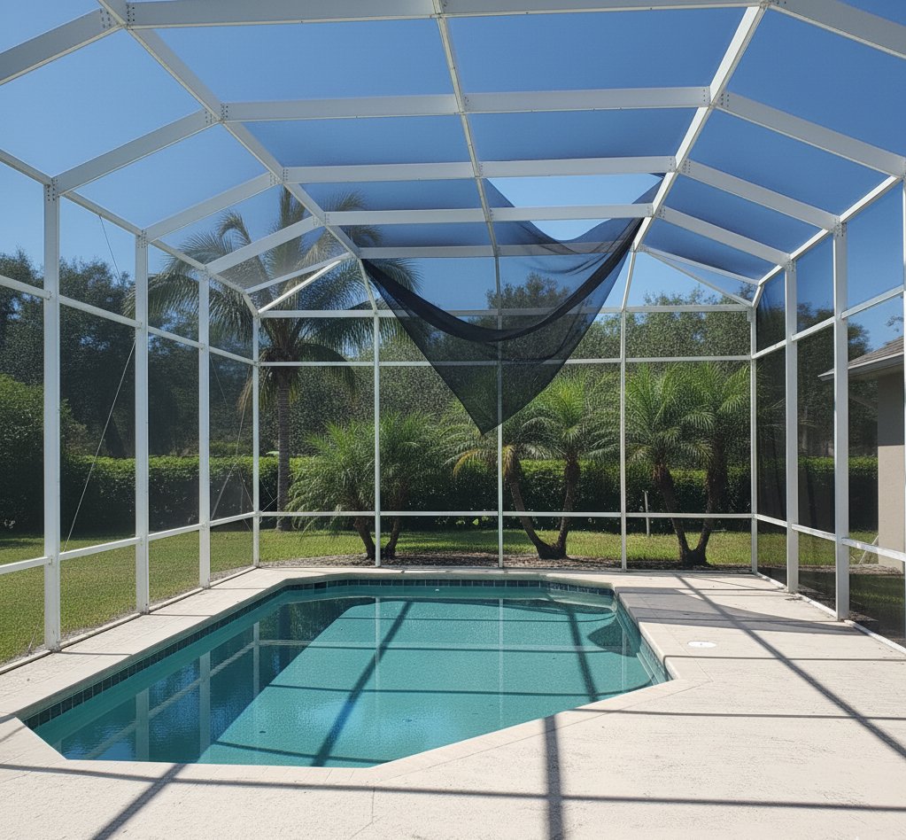 pool screen enclosure repair in Tallahassee, FL fixing torn overhead screen mesh